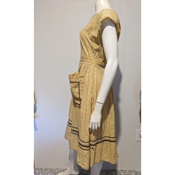 Rare 40s Calico Cotton Apron Dress S/M Patio Peasant Yellow Wrap Ric Rac Pocket - Picture 6 of 8